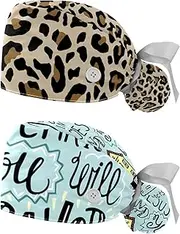 [WOSHJIUK] Working Hat 2 Pack Scrub Caps for Women,Leopard Texture,Tie Back Cap Adjustable Scrub Hat