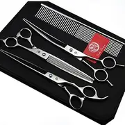 8 inch 3 in 1 Professional Pet Grooming Thinning Scissors - Upward Curved Shears and Dog Hair Cutting Scissor - Perfect for Pet Groomer or Family DIY Use (Silver)