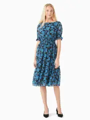 whimsical floral puff sleeve blaire midi dress