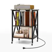 Giantex Record Player Stand Storage Rack w/Charging Station Bedside Table Grey