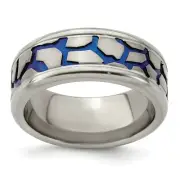 Gray Titanium 10mm Blue Anodized Grooved Pattern Wedding Band Sizes 8 to 13