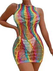 [Generic] Women Lingerie Fishnet Mini Dress Fishnet Lingerie Dress High Neck Babydoll Halter Stretch Chemise Rainbow