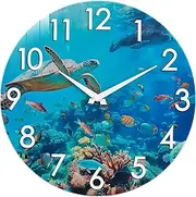 Outdoor Clock Waterproof - Nautical Ocean Decor Indoor Outdoor Wall Clocks for Patio Pool Garden Bathroom Home - Blue 12 Inch Glass, Sea Turtle Underwater Theme