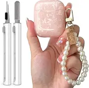 Luxury Pearl Keychain for Airpod Case Cover 2/1 with Cleaner kit, Cute Glitter TPU Protective Case for Girls Women Compatible with Airpods 2nd &1st Generation, Apple Air pods Charging Case-Pink