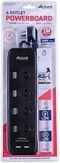 SAS Electrical 240V 10Amp 4 Outlets Switch Power Board with Surge Protection, Black, 1 Meter