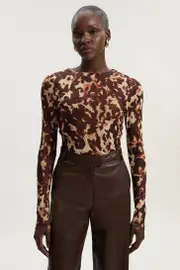 Long Sleeve Leopard Print Mesh Bodysuit