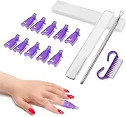 FITDON 10PCS Nail Polish Remover Clips Soak Off Caps & Stainless Steel Triangle Cuticle Pusher Peeler Scraper & Nano Crystal Glass Nail Files Buffer & Mini Nail Brush (Purple)