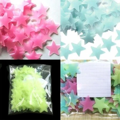 100pcs Pink Yellow Blue Green Wall Stars 3D Glow In The Dark Fluorescent Nursery