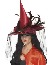 Red Deluxe Witch Hat with Feathers and Netting
