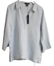 TAHARI Light Blue 100% LINEN Collared 3/4 Sleeve Top Shirt Size XL NWT