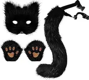 Faux Fur Fox Tail Cat Wolf Cosplay Costume Set Plush Mask Fluffy Paw Gloves Halloween Christmas Party for Girls (Black)