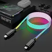 LED Light Up Flowing Type-C iPhone Charger Cable PD 27W iPhone Fast Charger Cord USB-C to Lightning Cable RGB LED Light Up Glowing Fast Charging Cable Cord for Apple iPhone 14/13/12/Pro/11/8/7/6-3FT