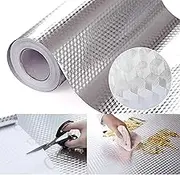 Snkxu Kitchen Wallpaper Oil Proof Sticker Backsplash Aluminum foil Oil self-Adhesive Paper Silver Cabinet Liner Waterproof and Heat Resistant Peel and Stick backsplash, 15.7X394 Inches