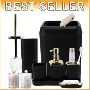 Modern Black and Gold Bathroom Accessory Set with Trash Can & Toothbrush Holder