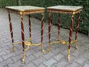Tables: Elegant Louis XVI Mahogany Side Tables, Marble Tops, Bronze Accents