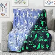 Ocean Blanket Glow in The Dark Luminous Ocean Animal Blanket for Kids - Soft Plush Blue Sea Creature Throw for Girls & Boys - Large 60in x 50in Glowing Shark & Turtle Gift