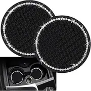 2 Pieces Bling Silicone Anti-Slip Cup Holder Insert Coaster and Engine Ignition Button Ring - Car Interior Accessories With Crystal Rhinestone (Black)