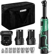 KIMO 3/8" Extended Electric Ratchet Wrench Set, 40 Ft-Lbs 400 Rpm 12V Cordless Ratchet Wrench w/ 2-Pack 2.0 Ah Batteries, 1 Hour Fast Charger & 8 Sockets, Power Ratchet w/Variable Speed & LED Light