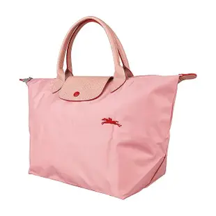 【LONGCHAMP】LONGCHAMP LE PLIAGE CLUB刺繡經典LOGO尼龍短提把拉鍊手提包(中/玫瑰紅x粉紅)