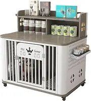 Wooden Dog Cage, Portable Dog Cage, Dog Cage with Shelves, Side with Small Board for Storage Cans, Bottom Toilet Dogs + Universal Wheels, Suitable for Small Medium Dogs (Grey+WH)