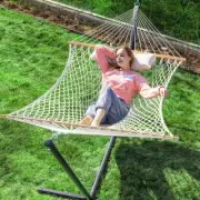 Natural Cotton Rope Hammock With Stand Pillow And Easy Assembly For 2 Person