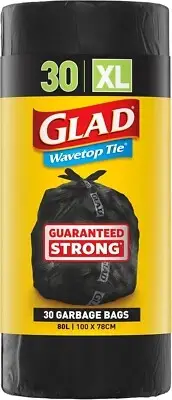 Glad Wavetop Tie Garbage Bags, 30 Extra Large Multipurpose Garbage Bags, XL Size