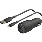 Belkin BoostCharge Dual USB-A Car Charger 24W + Lightning to USB-A Cable(1M) - Black(CCD001bt1MBK),2xUSB-A(12W),Dual Port Fast &