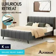 ALFORDSON Bed Frame King Size Tufted Headboard Base Grey Velvet HUNDOLF