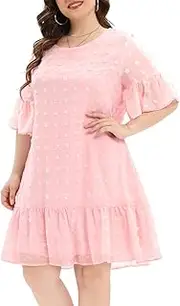 [Pinup Fashion] Women's Plus Size Swiss Dot Short Sleeve Ruffle Cute Summer Chiffon Loose Flowy Shift Mini Dress