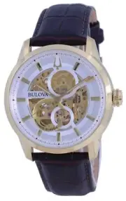 Bulova Classic Sutton Skeleton White Dial Leather Automatic 97A138 Mens Watch