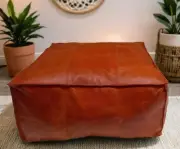 30'' SquareOttoman Leather Pouf Footstool Vinatge Boho Look Moroccan