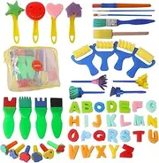 54pcs Kids Art & Craft Early Learning Painting Sponges Stamper Mini Paint Brushes Kit with 26 English Alphabets Drawing Tools (Brushes Only)