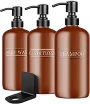 1- SHOPPE Amber Plastic Bottle with Black Bracket| Refillable Liquid Soap Dispenser | 16 oz Shampoo, Conditioner and Body Wash Pump Bottles for Homes, Hotels, & Vacation Rental Bathrooms | Two Bottles