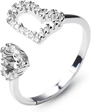 [Teppdfann] Silver Heart Ring – Adjustable Rings for Women with Asymmetrical Double Heart Design, Silver Love Ring Featuring Cubic Zirconia Accents, Unique Open Ring for Everyday Wear, Metal, No