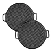 SOGA 2X 30cm Round Cast Iron Ribbed BBQ Pan Skillet Steak Sizzle Platter with Handle
