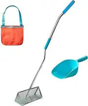 Sand Flea Rake - Commercial Grade Beach Rake for Sand, Shark Teeth Sifter with Heavy Duty 52" Ergonomic Handle - Large 16" Basket with Sharp Teeth - includes Bonus Mesh Bag and Sand Scoop