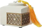 Tea caddy tin Retro Sealed Ceramic Can Loose Tea Tin with Yellow Chinese Knotting Tassel Tea Storage Tea Caddy Tea Canister for Tea Dried Fruits Medicinal Herbs and Grains Tea
