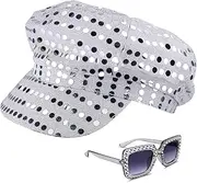 Yotako 2Pcs 70s Disco Glitter Hat - Silver or Blue Abba Accessories With Sequins and Bling Sunglasses for Adult Women Girls - Fancy Dress Costume Party Set