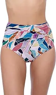 [Profile by Gottex] Women's Tropical Leaf Print Multi Colour Swim Bikini Bathing Bottom with Front & Back Tummy Control