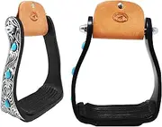 CHALLENGER Horse 5" Black Aluminum Engraved Barrel Racing Saddle Stirrups with Turquoise Stones 51230