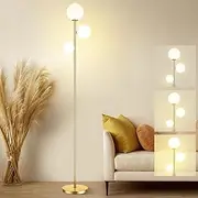 Mid Century Modern Floor Lamp for Living Room, 3 Globe Gold Floor Lamp with Frosted Glass Shade, Vintage Standing Tall Floor Lamp for Bedroom, Office - LED Bulbs Included