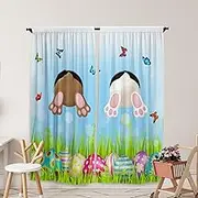 Yilinata Happy Easter Eggs Window Curtains for Kids Boys Girls Cartoon Funny Rabbit Curtain for Baby Living Room Bedroom Nursery Toddler Home Rod Pocket Drapes Decor Durable Fabric 84 in x 84 in