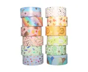 12 Rolls Washi Tape Set Cute Pattern Gold Foil Masking Tape 15mm Wide Adhesive Decorative Tape Sticker for DIY Crafts Journals Planners Scrapbooking Card