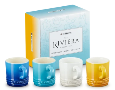 NEW Le Creuset 4 PC SET The Riviera Collection ESPRESSO MUGS Cups Gradient Blue