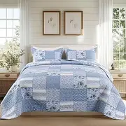 ENJOHOS Blue Patchwork Quilt Set Queen Bedspread Queen Size Quilt Quilted Coverlet Reversible Lightweight Quilt for Queen Bed with 2 Pillow Shams for All Seasons