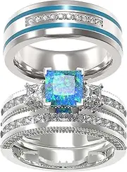 [loversring] TWO RINGS Wedding Ring Sets His And Hers Promise Ring Couples Bridal Sets Women 925 Sterling Silver square Cz Man Stainless Steel Brushed Finished Wedding Bands
