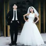 💖美熙💖韓式簡約輕婚紗新娘結婚登記白色緞麵 禮服 裙小個子孕㛿齊地出門紗