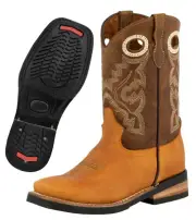 Kids Unisex Real Leather Cowboy Boots Honey Brown Square Toe Botas Rancho