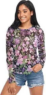 [ODAWA] Purple Flowers Black Long Sleeve Sheer Blouse See Through Sheer Mesh Top Comfortable Shirt for Women