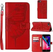 Moment Dextrad for iPhone SE 2022/SE 2020 Case,for iPhone 6/6S/7/8 Wallet Case,Butterfly Floral Embossed,Wrist Strap,Card Holder Slots,Stand Leather Protective Flip Cover (Red)